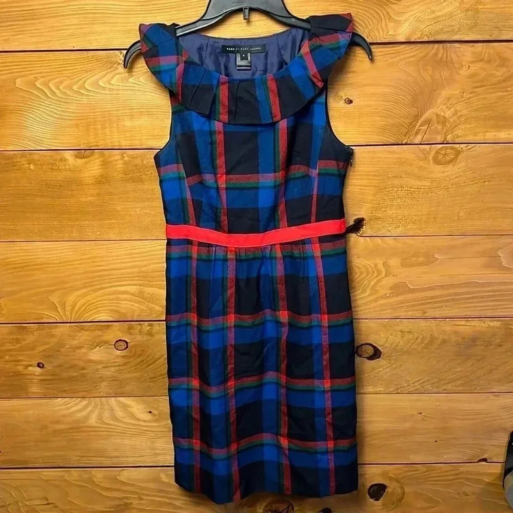 Womens Mark by Mark Jacobs 4 blue red plaid dress party wedding summer silk wool